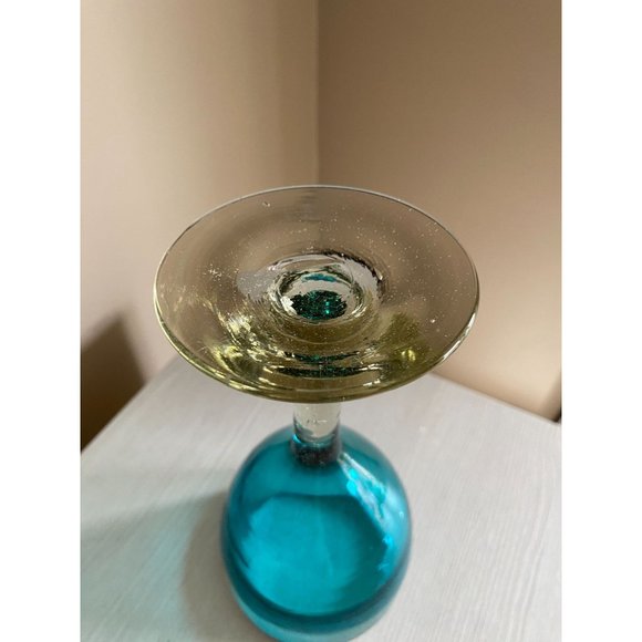 Heavy Aqua Luster Blue Glass Goblet Cup with Clear Luster Stem and Base Hand Blo - Picture 7 of 13